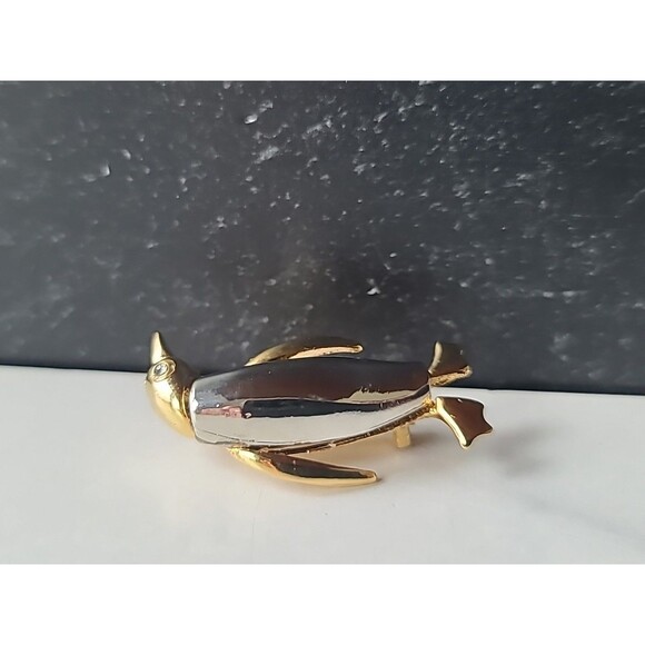 Penguin Two Toned Metal Rhinestone Eye Brooch Vintage Costume Jewelry - Picture 5 of 10